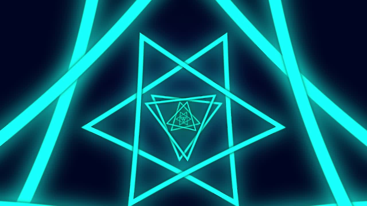 fondo gráfico de movimiento abstracto bucle sin fin con animación de triángulo en la luz de neón del túnel futurista.