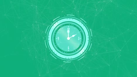 animation of clock rotating, over network of connections on green