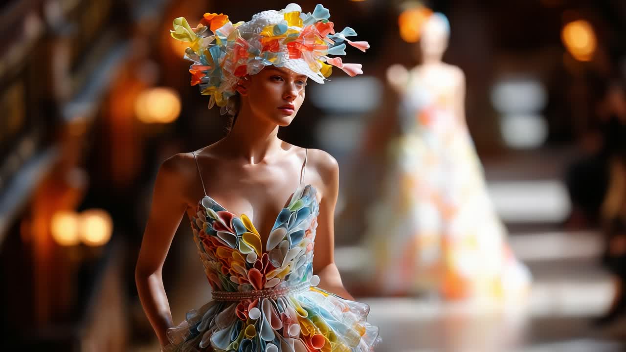 A Stunning Showcase of Avant-Garde Fashion: Model Struts Down Runway in Colorful, Floral-Inspired Dress with Elaborate Headpiece, Embracing Unique Style and Creativity