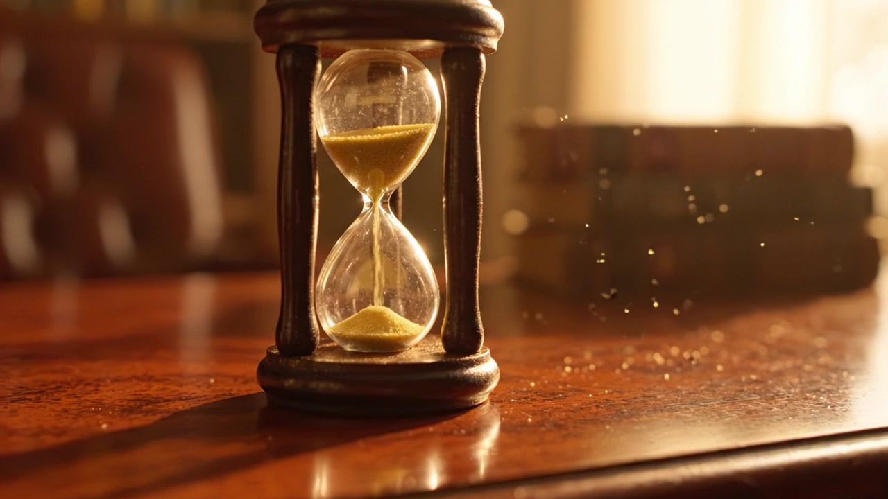 Eine elegante Sanduhr, die den Zeitverlauf in einem sonnendurchfluteten Raum einfängt, mit goldenem Sand, der anmutig durch ihre geschwungenen Glaskammern auf einem polierten Holztisch fließt