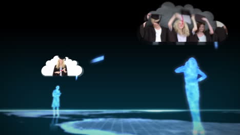 estatuillas digitales que revelan estudiantes graduados en las nubes