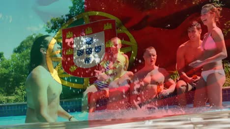 Animation-of-flag-of-portugal-over-happy-caucasian-friends-having-fun-at-swimming-pool