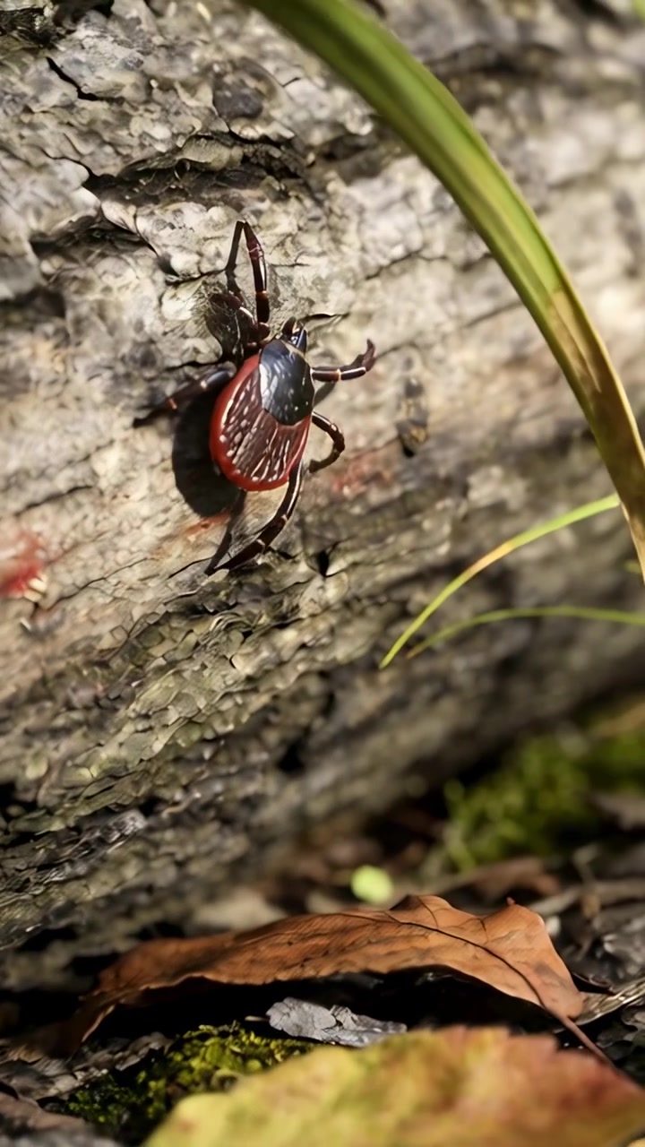 Vertical video: Climbing tick crawling up log bark, camera panning, passing grass blade and moss