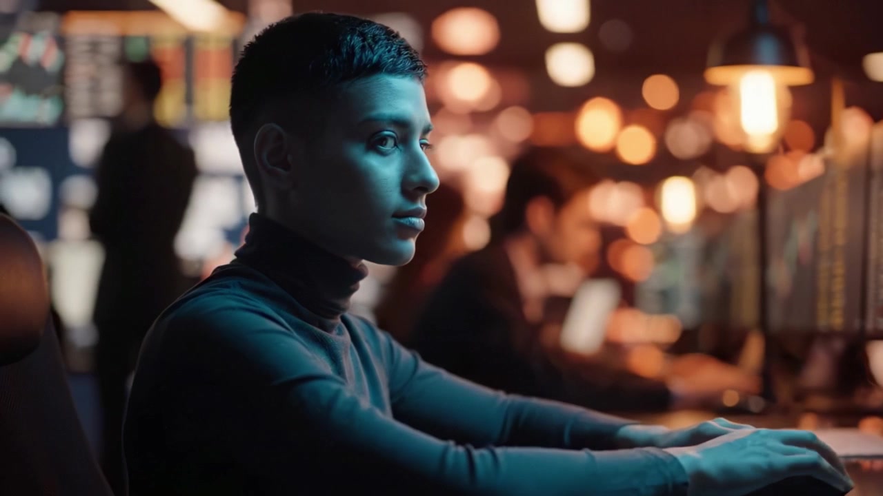 Focused individual analyzing data on multiple screens in a modern workspace, illuminated by soft lighting, embodying concentration and productivity in digital environments.