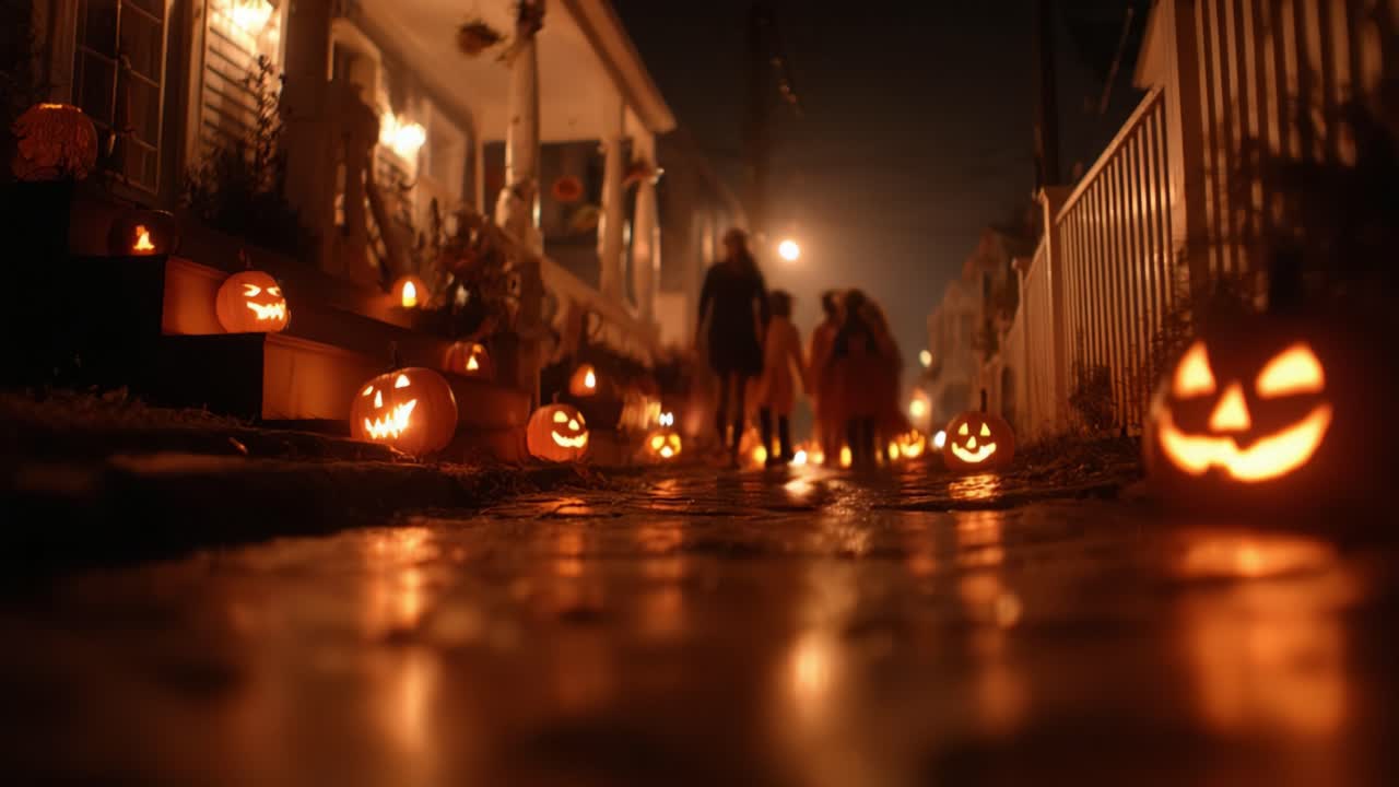 Enchanting Halloween Night: A Spooky Scene with Glowing Jack-o'-Lanterns and Shadows of Wandering Trick-or-Treaters on a Twinkling Cobblestone Path