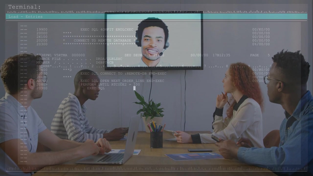 Project team watching presenter speaking, terminal overlay expanding over table for code review