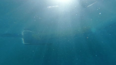 Under-water-view-of-sun-rays-sparkling-in-blue-pool-water