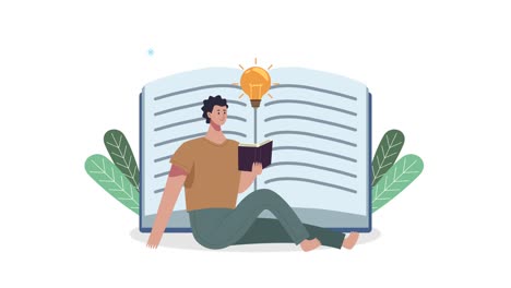 joven estudiante leyendo y bombilla