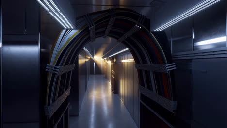 futuristic metallic corridor with arching cables