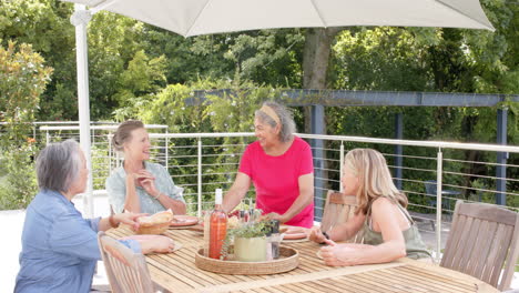 Un-Grupo-Diverso-De-Mujeres-Mayores-Disfruta-De-Una-Comida-Al-Aire-Libre,-Con-Espacio-Para-Copiar