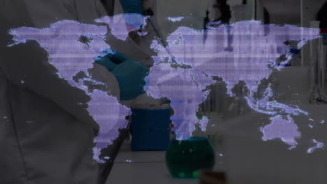 scientists working in laboratory with world map data overlay animation