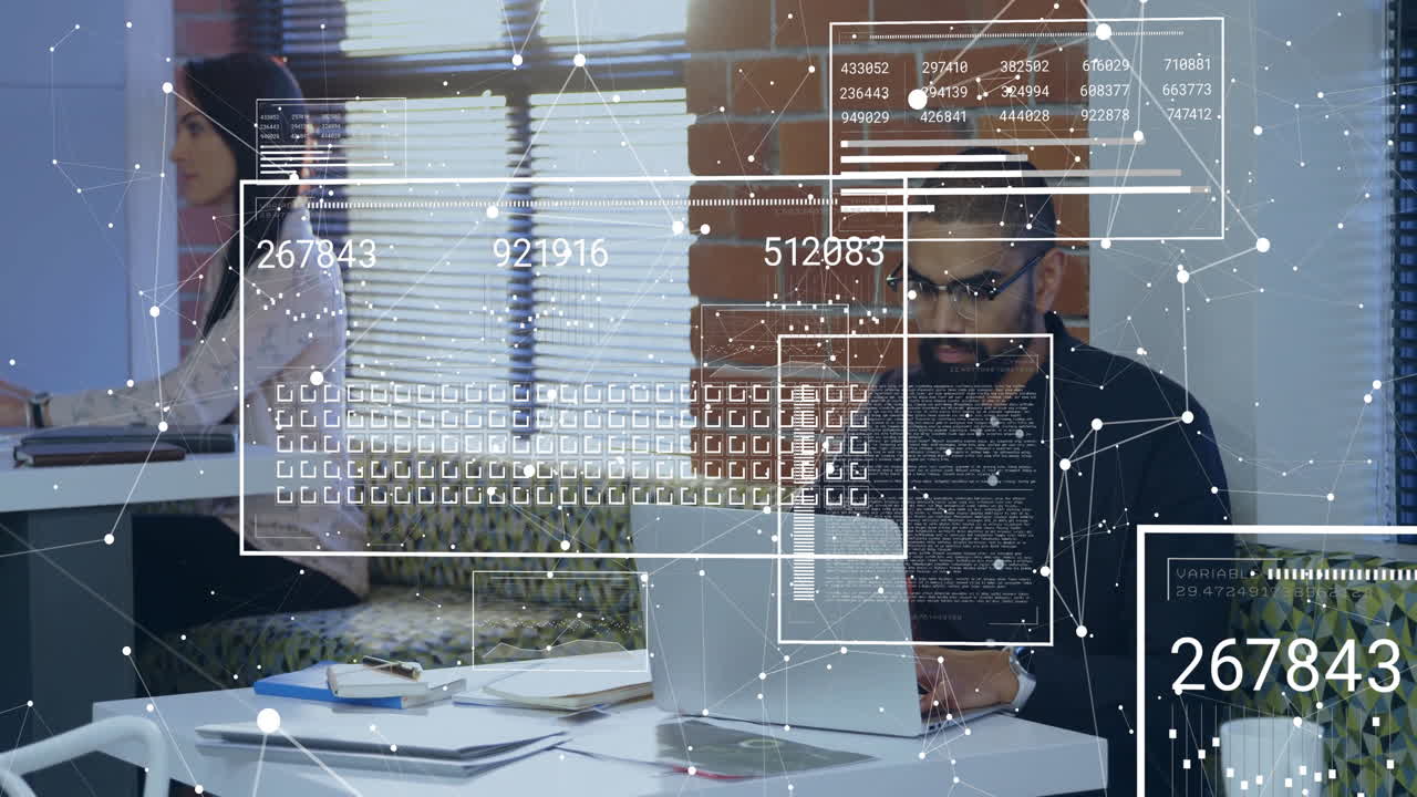animación del procesamiento de datos sobre diversos colegas que trabajan en la oficina