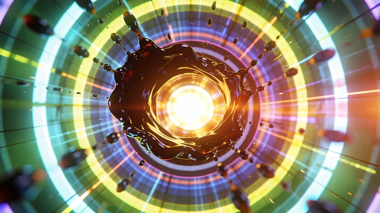 Nucleo pulsante che alimenta una corona liquida lucida, espellendo goccioline all'interno di un tunnel al neon e formando anelli vivaci.