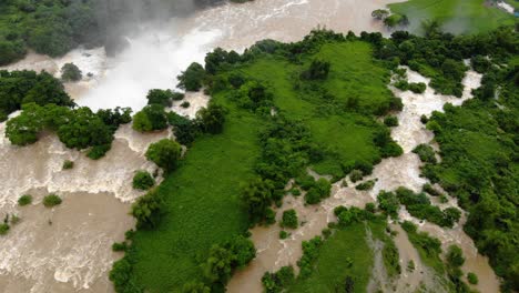 Wide-Aerial-Dolly-over-Ban-Gioc-Waterfall-revealing-pool-below,-Thác-Bản-Giốc,-Detian-Falls,-North-Vietnam-in-Cao-Bang-Province-next-to-border-with-China