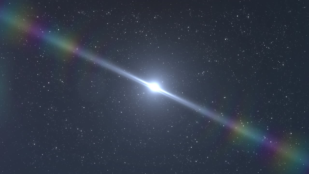 우주 에서 반 ⁇ 이는 별 들 에 대하여 밝은 빛 의 반점 과 렌즈 플레어 의 디지털 애니메이션