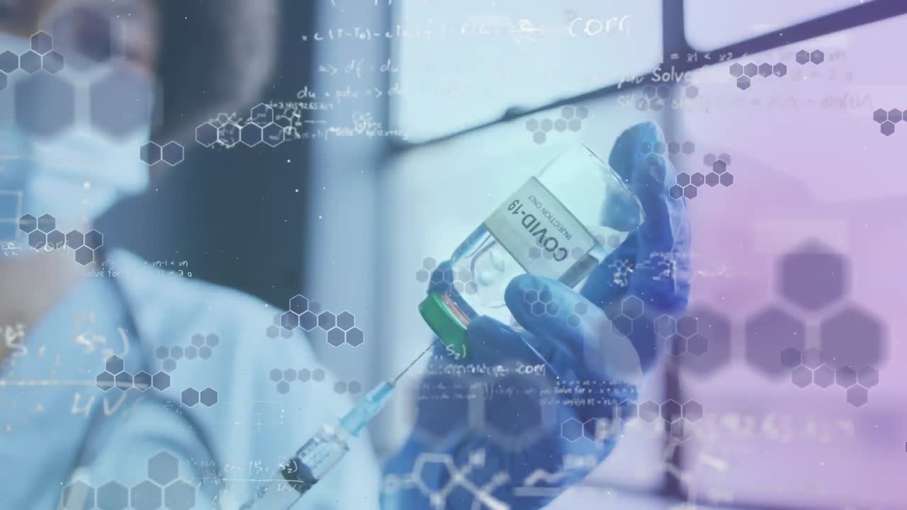 Animation of chemical structures over african american female doctor preparing vaccine