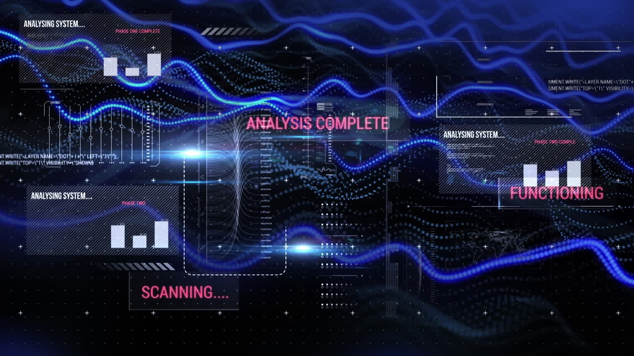 Animation of data processing and spots on black background