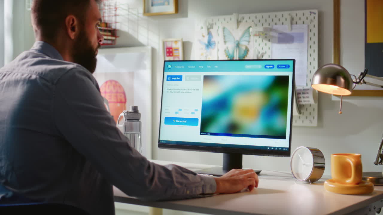 Man working on a computer, possibly uploading or editing an image, possibly looking at real estate listings.