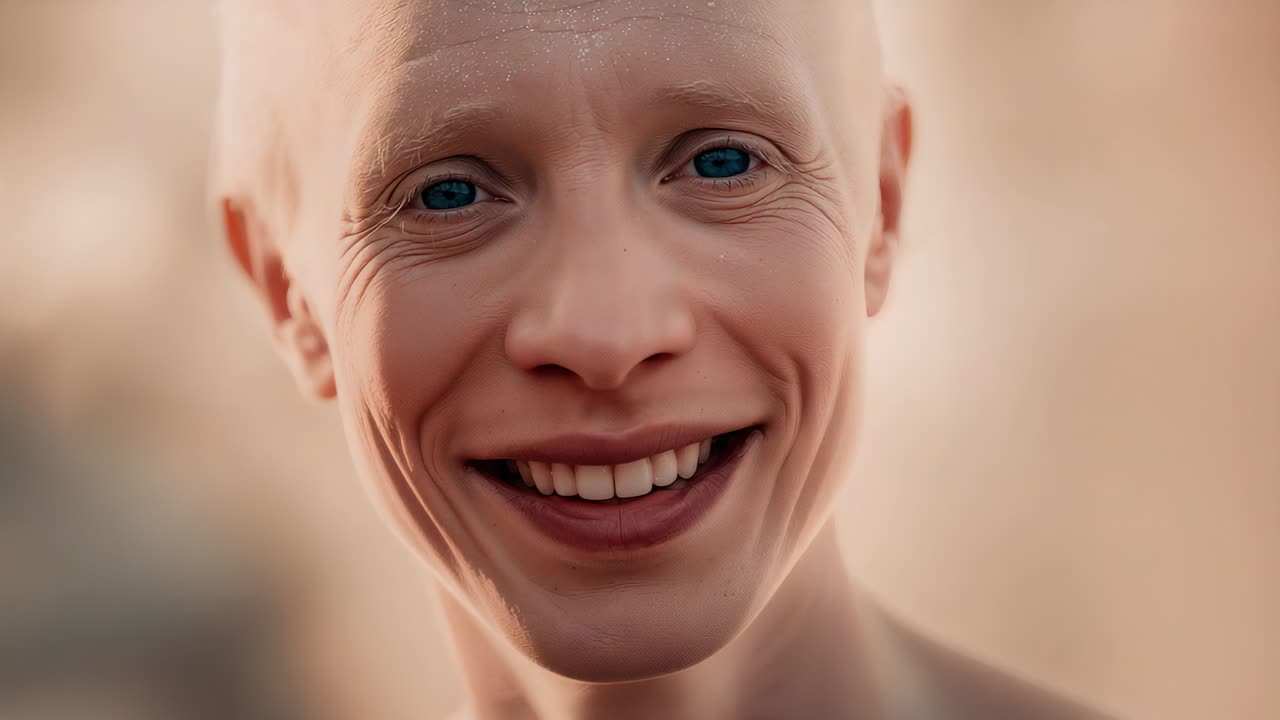 Smiling bald senior woman with bare shoulders while camera focusing in studio, turning gaze