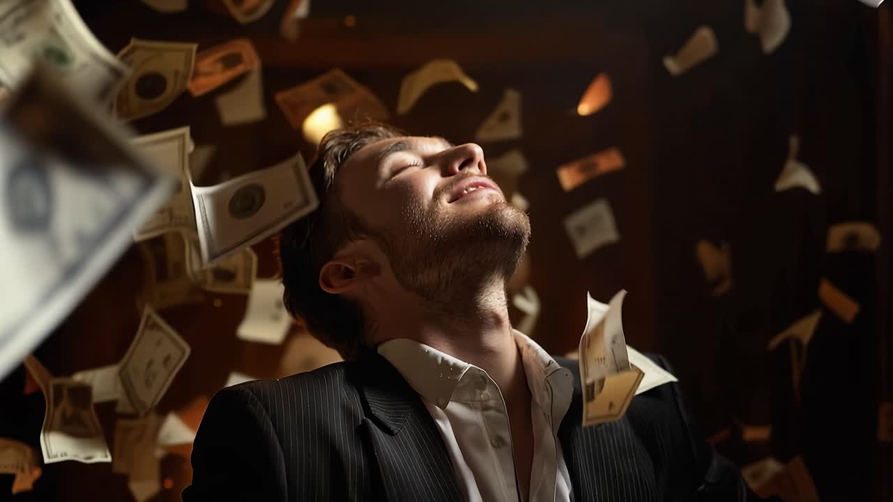 Un uomo si rilassa, con gli occhi chiusi, tra soldi che cadono. Banconote da un dollaro gli cascano intorno in un bagliore dorato. La sua espressione calma mostra soddisfazione, successo o lusso. Ideale per finanza, successo aziendale.