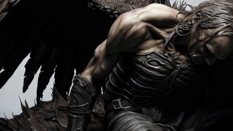 dark angel sculpture depicting a winged figure in sorrowful pose