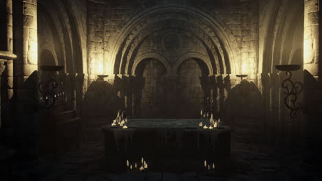 shadowy interior of an ancient stone chamber with flickering candlelight
