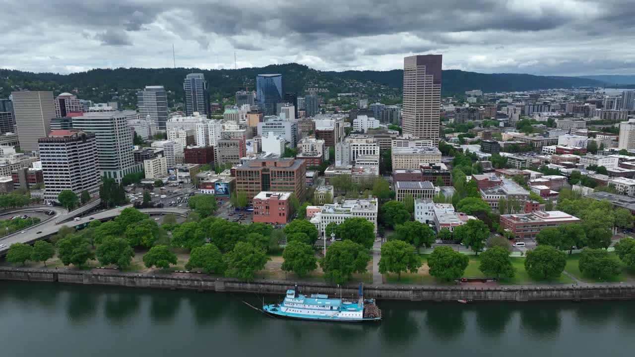 Downtown Portland Oregon Skyline and waterfront river Aerial Drone View