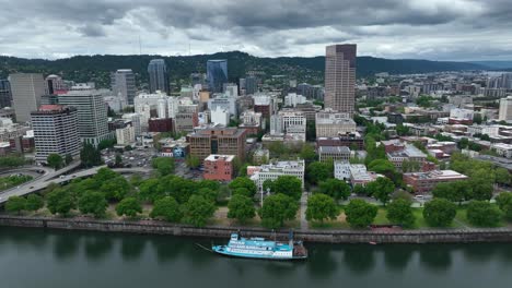 downtown portland oregon skyline and waterfront river aerial drone view