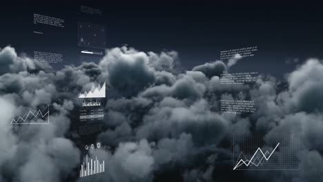 Animation of data processing against dark clouds in the sky