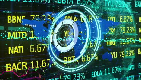 Animation-of-processing-circle-over-financial-data-and-world-map