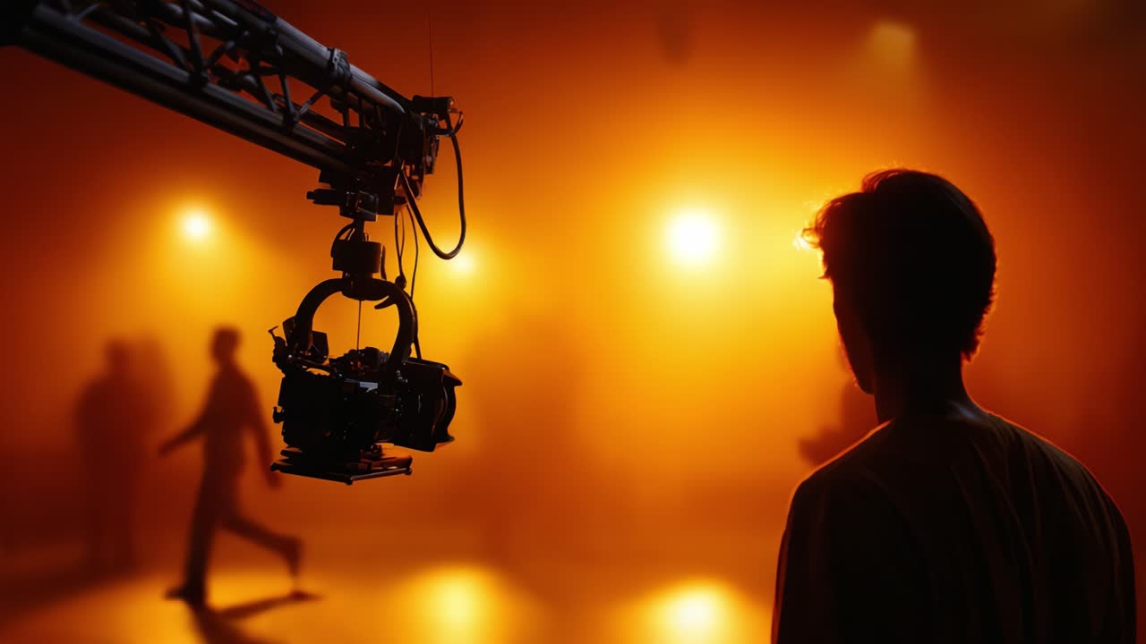 Una silhouette accattivante di una persona di fronte a uno sfondo cinematografico, migliorata da luci brillanti e dall'attesa creata da un'impostazione stabile della gru a telecamera