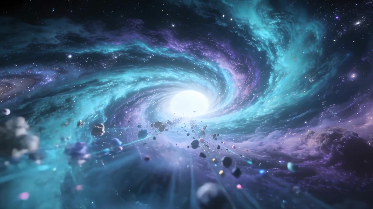 Drawing spiral vortex in teal violet nebula in space pulling rocks and dust inward feeding core