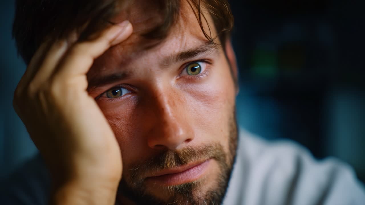 Uomo emotivamente vulnerabile, immerso nei suoi pensieri con un'espressione angosciata, esitazione persistente catturata in due momenti di introspezione e riflessione