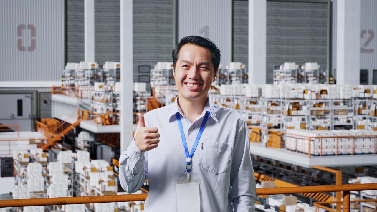 empleado del almacén sonriente dando pulgares hacia arriba