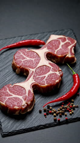 raw steak with chili peppers and spices