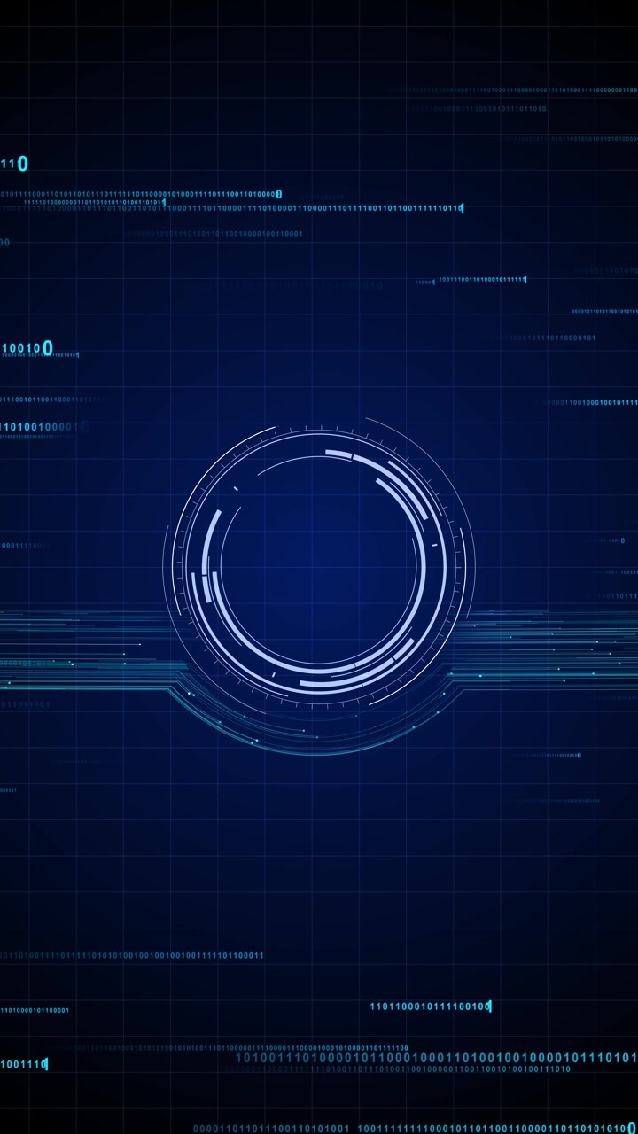 Blue binary scanner display with circular hud rings code fragments grid texture and glowing data