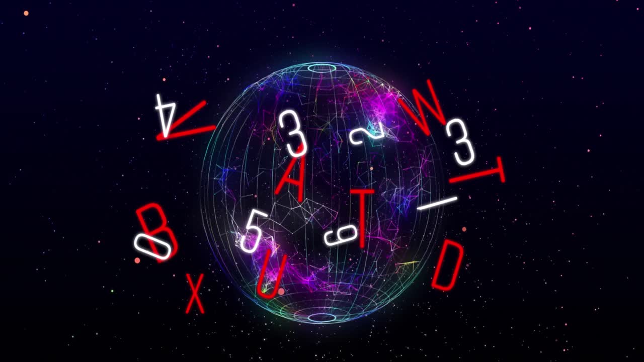 множество меняющихся чисел и алфавитов против вращающегося глобуса сети соединений