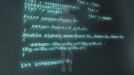 Animation of data processing over walking human model in dark green space