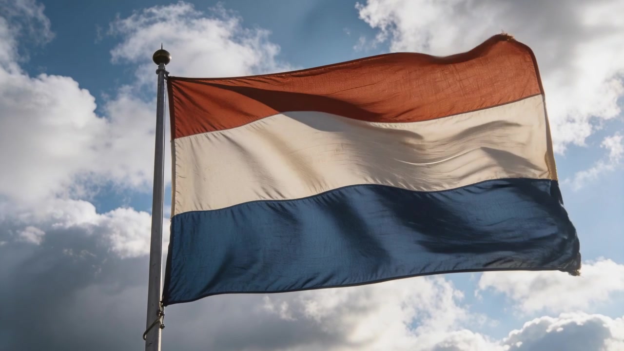 Een wapperende rood-wit-blauwe vlag die fladdert terwijl de wind opsteekt onder een stapelwolkenlucht, met vlaggenlijn aan de vlaggenmast.
