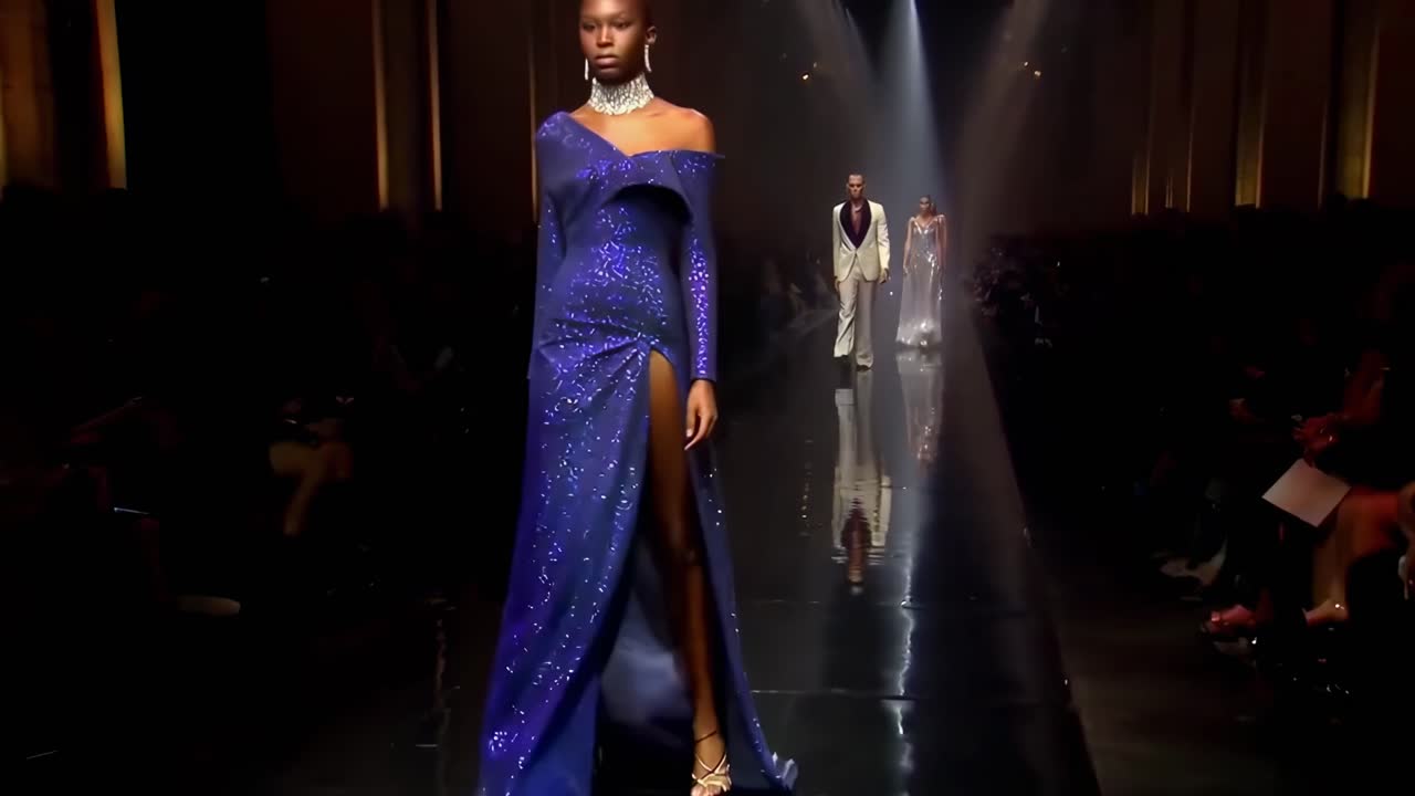 Video af modeshow fra lav vinkel, der fremhæver modeller i elegant tøj på catwalken.