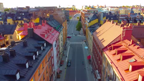 aerial view down stockholm, sweden street at golden hour