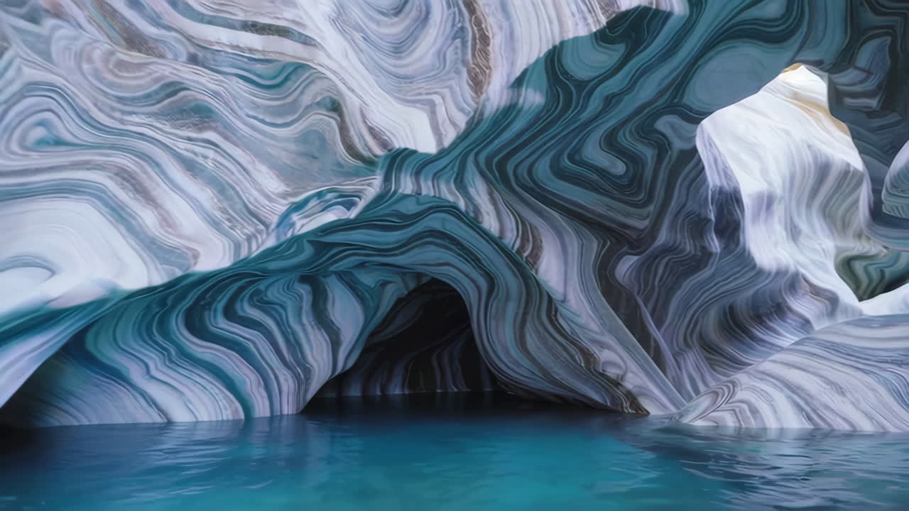 Ethereal Swirling Marble Cave with Reflective Water