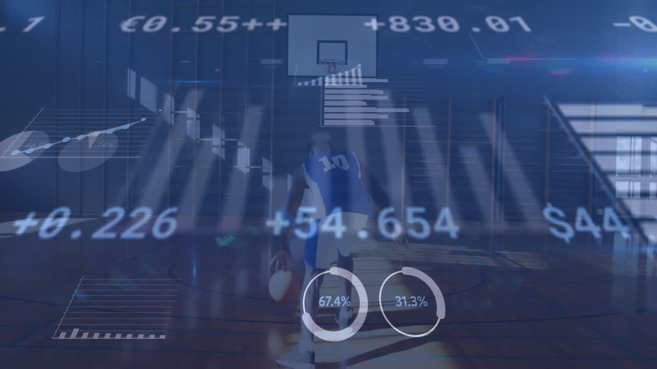 Basketball player dribbling and spawning finance charts then shooting for metrics