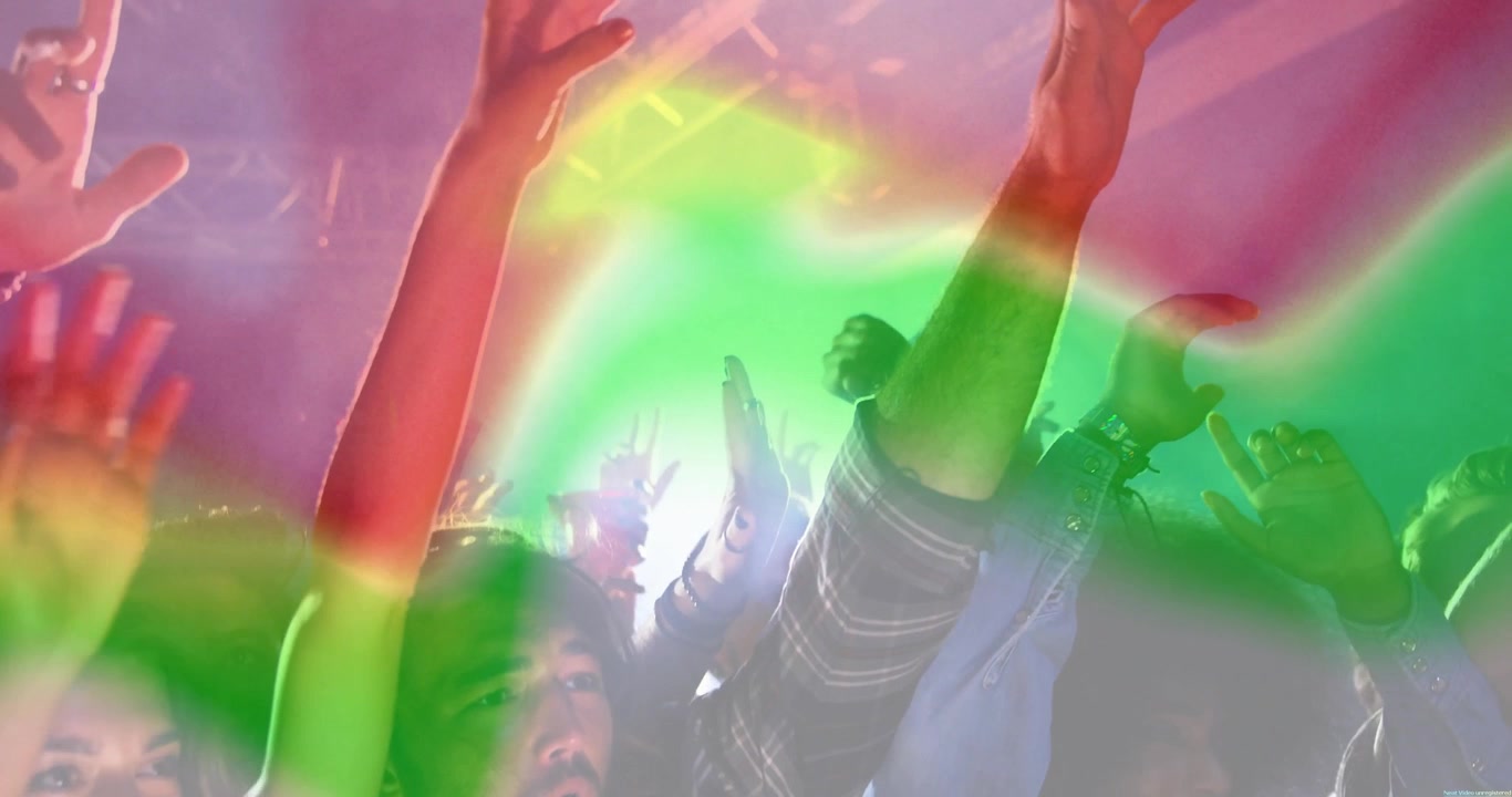 Spettatori di un concerto che alzano le braccia a ritmo di musica in un locale, con l'impianto luci che cambia colore in verde, giallo e rosa.