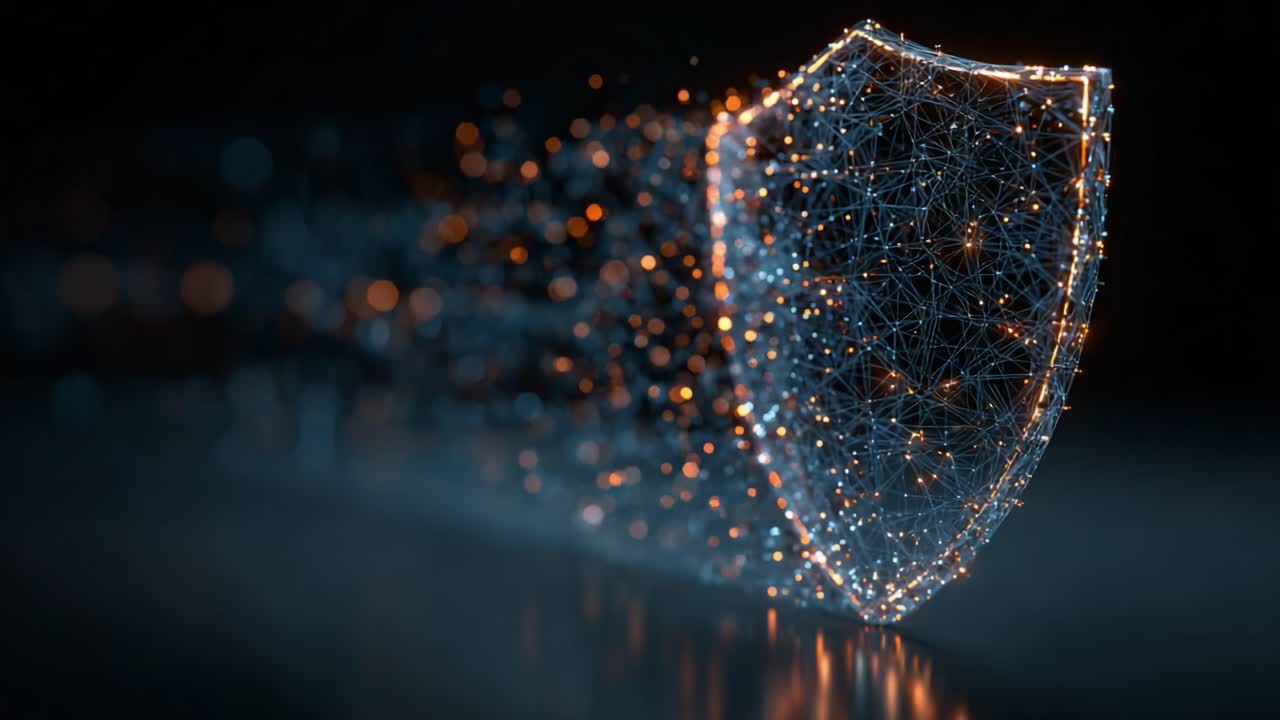 An Artistic Representation of a Digital Shield Symbolizing Protection and Security with a Futuristic Design in Motion, Embodying Technology and Innovation