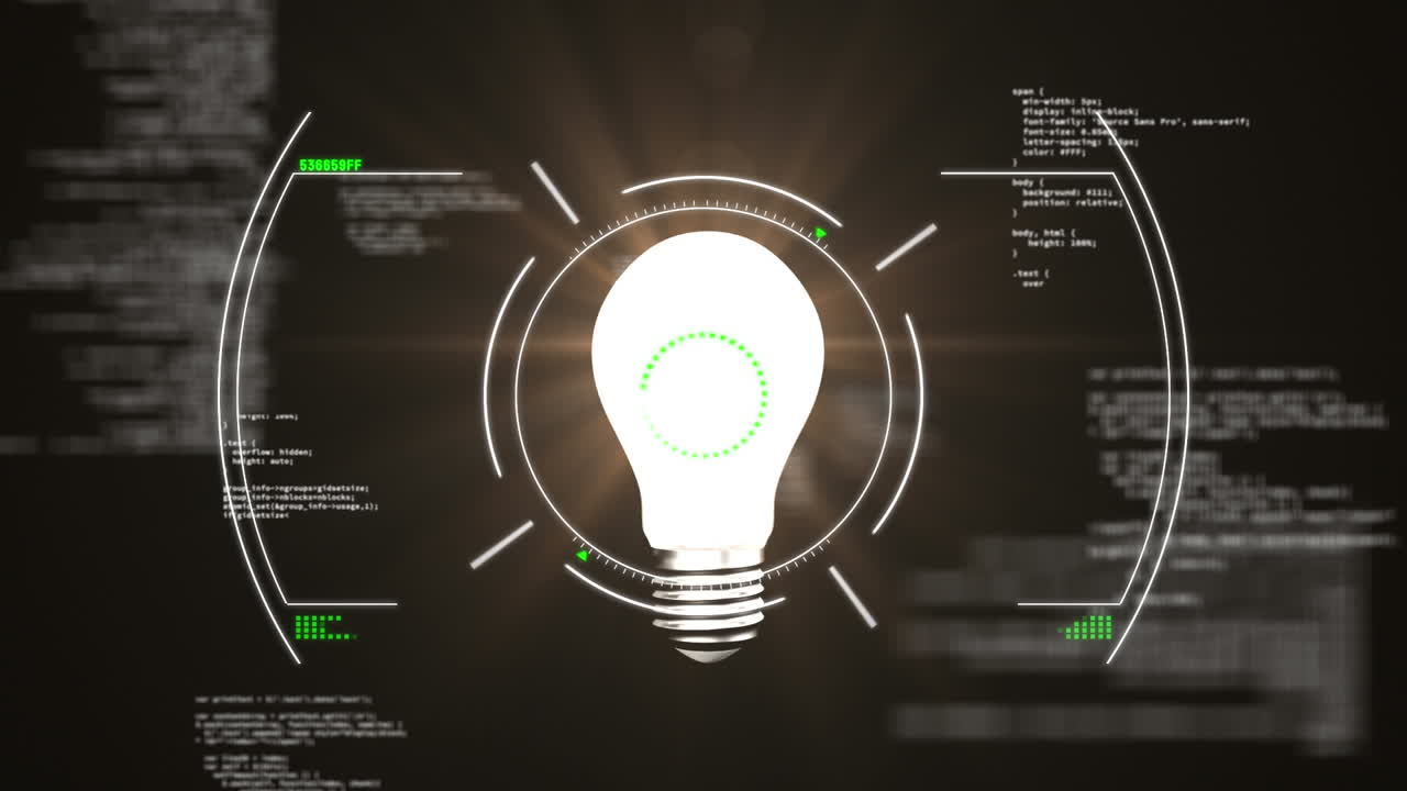 Animation of data processing over lightbulb on black background