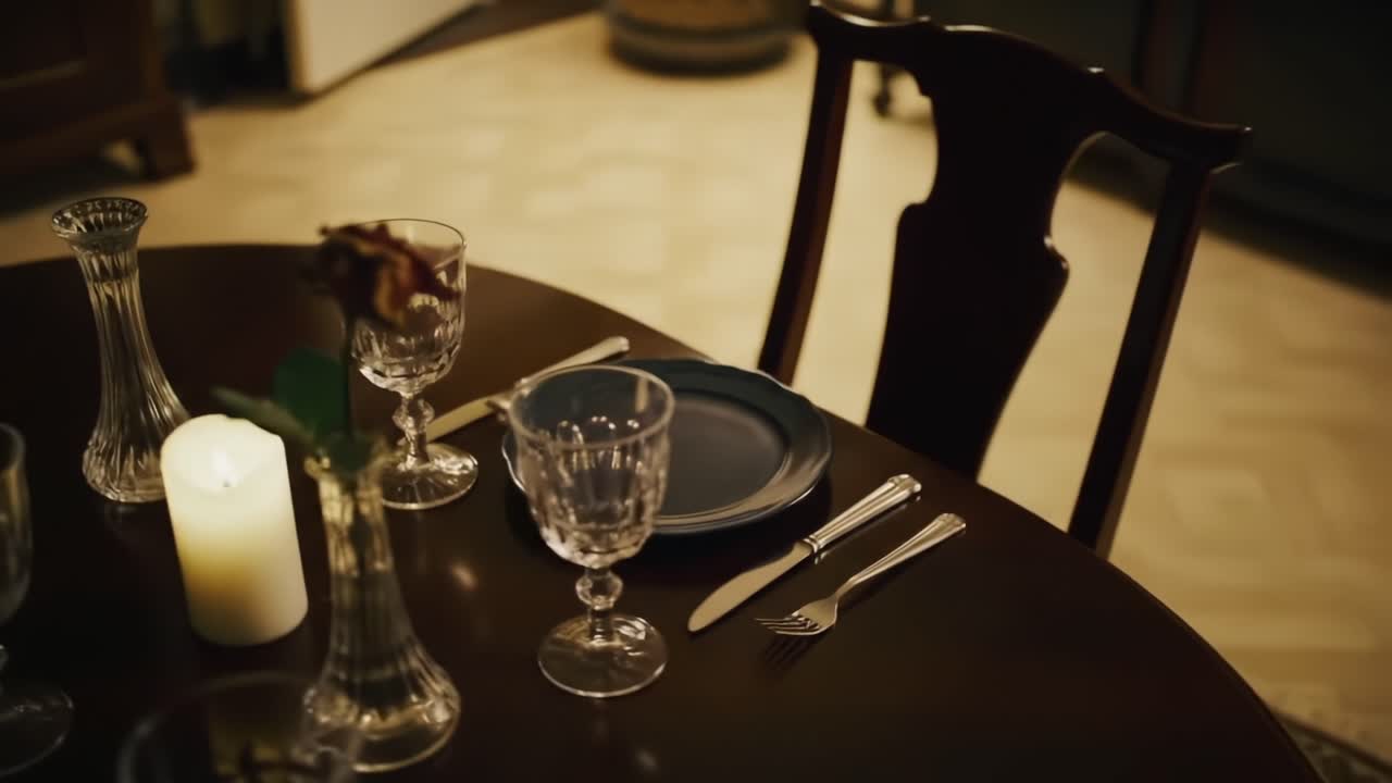 An Intimate Dining Setting with Elegant Tableware and a Single Rose: A Quiet Moment Captured at a Cozy Dinner Table