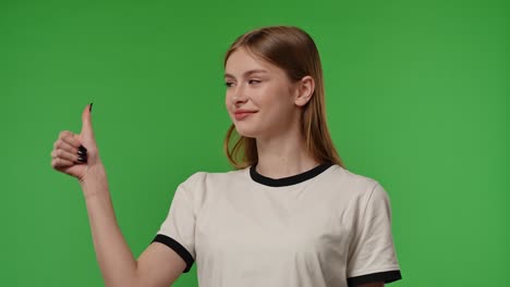 young woman pointing and giving thumbs up