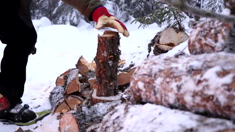 a man cuts some logs with an axe