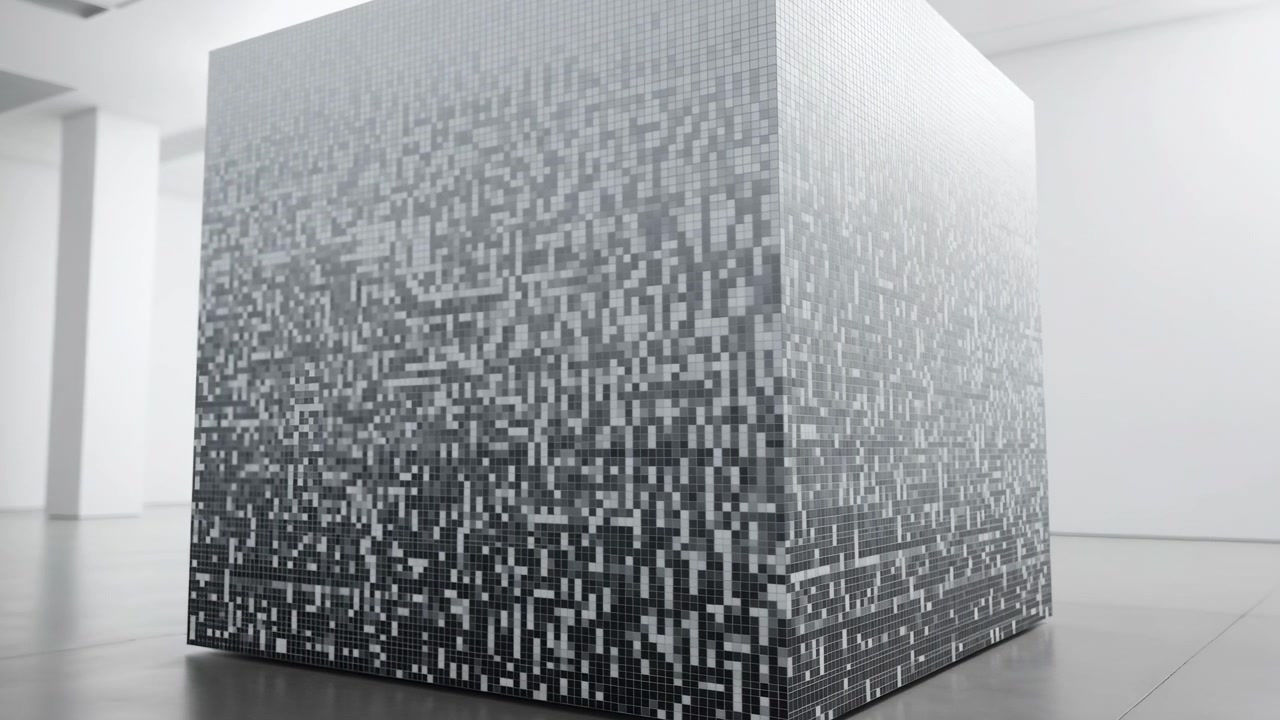 Stor kubeinstallation, indpakket i tæt gråtonet pixelmosaik, står i et lyst, minimalistisk galleri, set fra lav vinkel med reflekterende gulv, blødt loftlys, skarpe kanter og en ren abstrakt form.